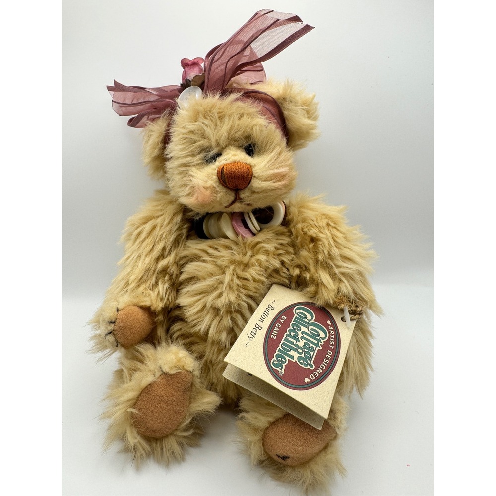 Vintage Ganz Cottage Collectibles Button Betty Tan Shaggy Plush Bear Bow Necklac